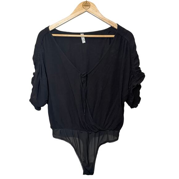 Intimately Free People Cleo Bodysuit Semi-Sheer Short Sleeve Black Size Small - Picture 2 of 10
